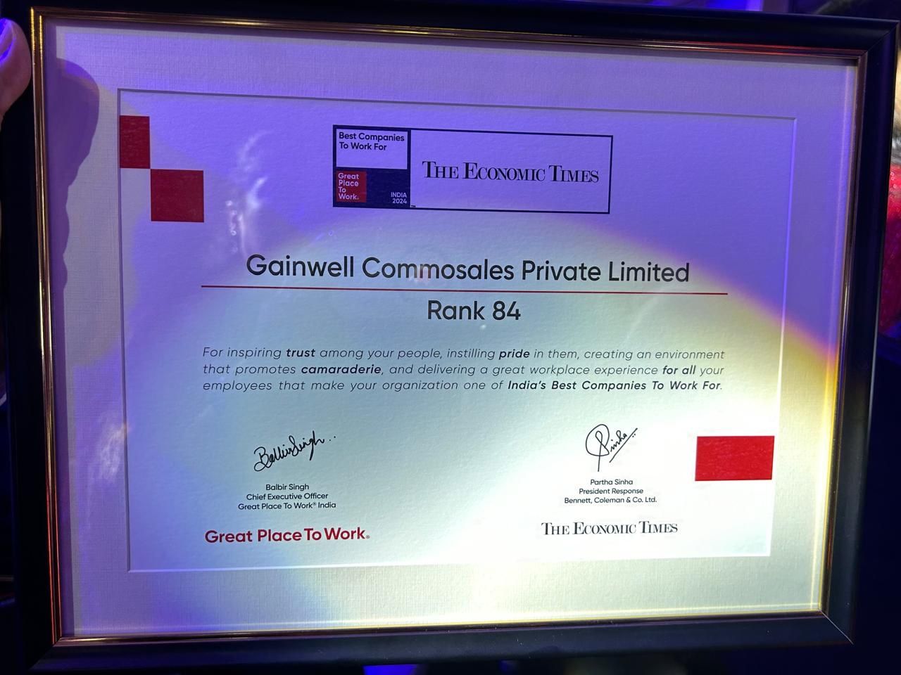 GAINWELL Has Been Recognized and Awarded as One of the Top 100 Great Places to Work in India