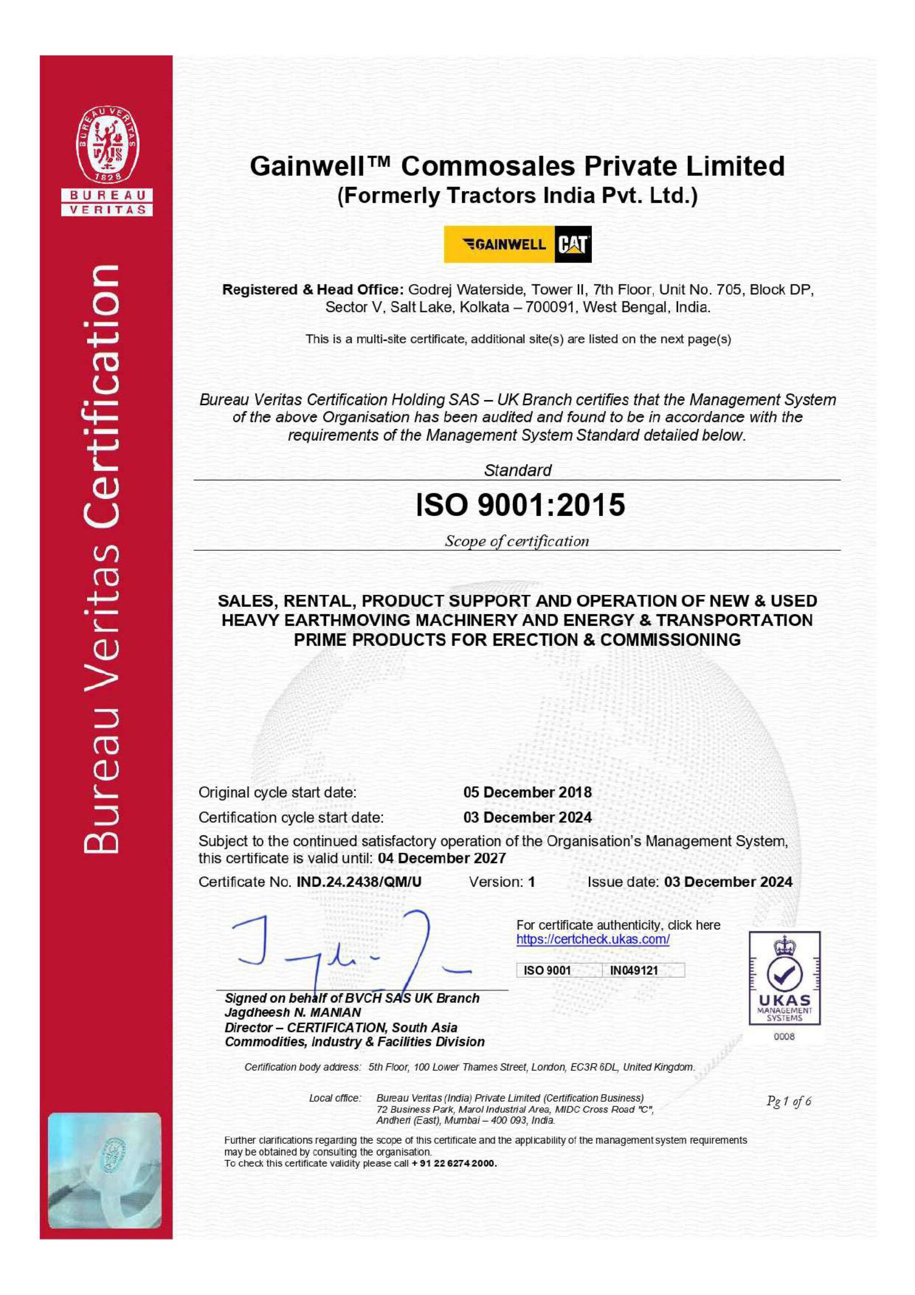ISO 9001:2015 certificate for Gainwell India
